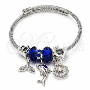 Stainless Steel Individual Bangle, Dolphin and Shell Design, with Heliotrope Crystal, Polished, Steel Finish, 07.464.0058 (03 MM Thickness, One size fits all)