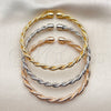 Oro Laminado Trio Bangle, Gold Filled Style Spiral and Twist Design, Polished, Tricolor, 07.170.0085 (Thickness, One size fits all)