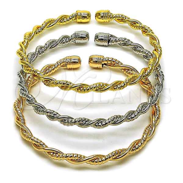 Oro Laminado Trio Bangle, Gold Filled Style Spiral and Twist Design, Polished, Tricolor, 07.170.0085 (Thickness, One size fits all)