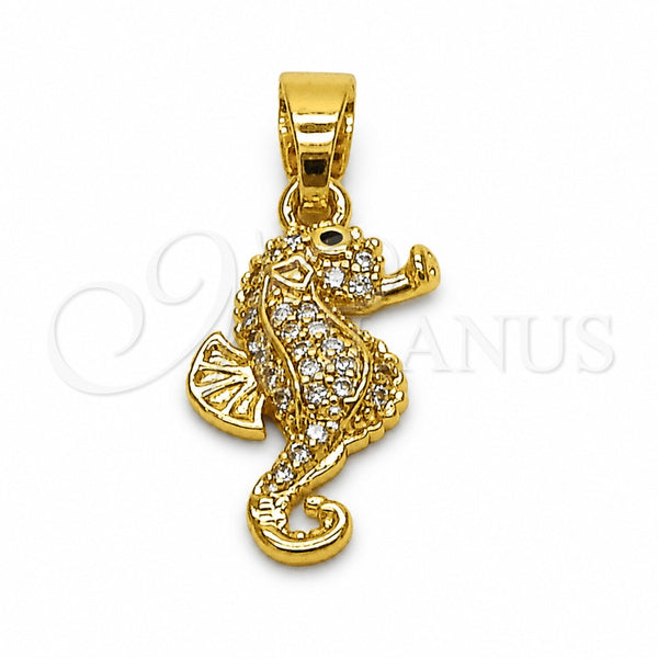 Oro Laminado Fancy Pendant, Gold Filled Style Seahorse Design, with White and Black Micro Pave, Polished, Golden Finish, 05.341.0122