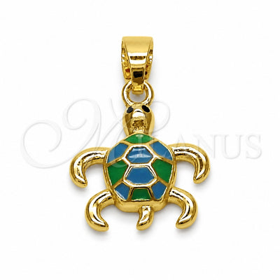 Oro Laminado Fancy Pendant, Gold Filled Style Turtle Design, Turquoise Enamel Finish, Golden Finish, 05.341.0125