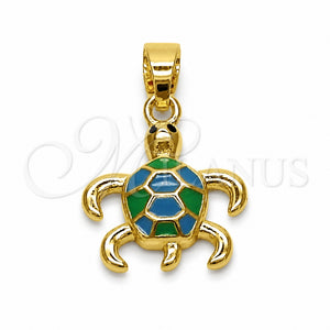 Oro Laminado Fancy Pendant, Gold Filled Style Turtle Design, Turquoise Enamel Finish, Golden Finish, 05.341.0125