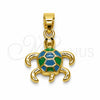 Oro Laminado Fancy Pendant, Gold Filled Style Turtle Design, Turquoise Enamel Finish, Golden Finish, 05.341.0125