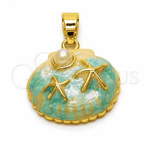 Oro Laminado Fancy Pendant, Gold Filled Style Shell and Star Design, with Ivory Pearl, Turquoise Enamel Finish, Golden Finish, 05.341.0126