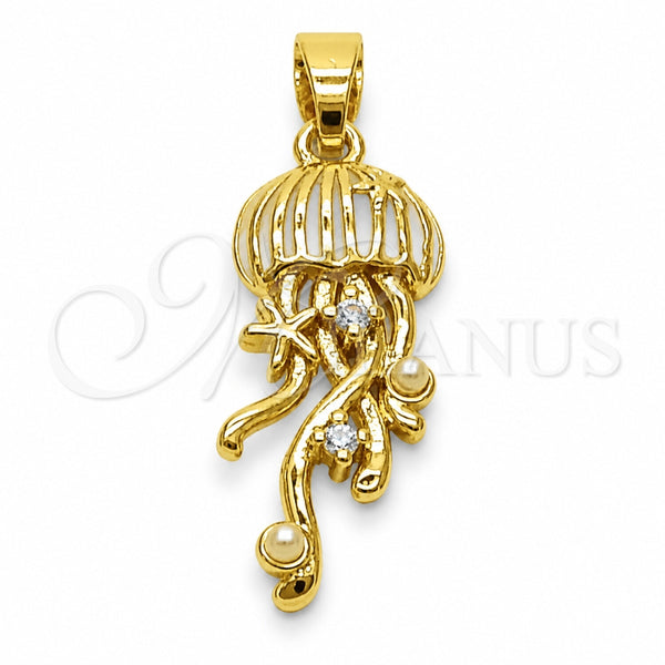Oro Laminado Fancy Pendant, Gold Filled Style Fish Design, with White Cubic Zirconia and Ivory Pearl, White Enamel Finish, Golden Finish, 05.341.0127