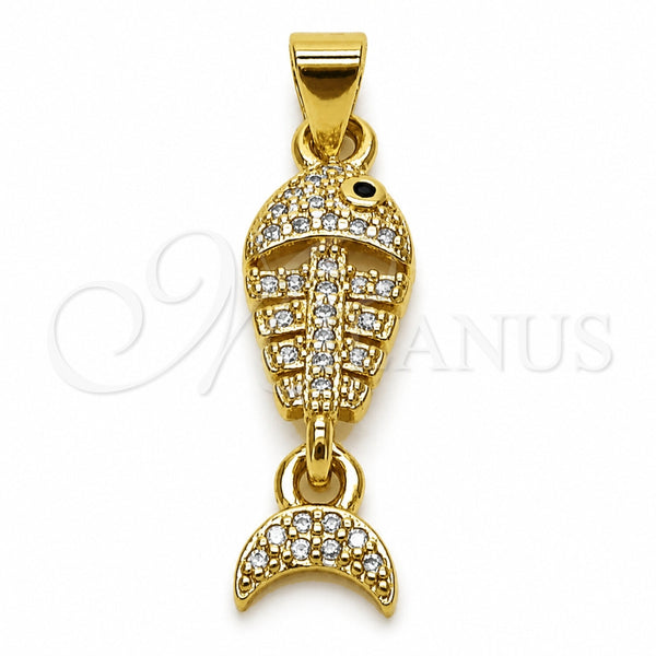 Oro Laminado Fancy Pendant, Gold Filled Style Fish Design, with White Cubic Zirconia and White Micro Pave, Polished, Golden Finish, 05.341.0128