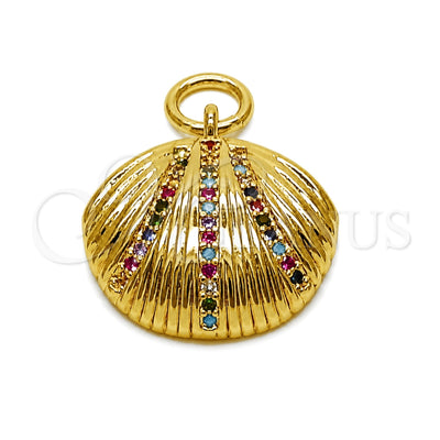 Oro Laminado Fancy Pendant, Gold Filled Style Shell Design, with Multicolor Micro Pave, Polished, Golden Finish, 05.341.0140