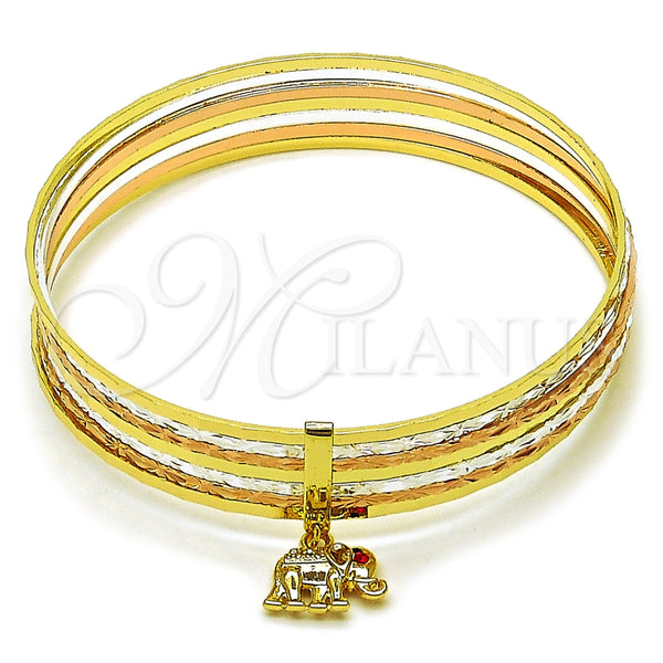Oro Laminado Semanario Bangle, Gold Filled Style Elephant Design, with Garnet Crystal, Diamond Cutting Finish, Tricolor, 07.253.0014.06 (13 MM Thickness, Size 6 (2.75 Diameter))