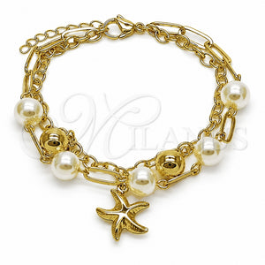 Oro Laminado Charm Bracelet, Gold Filled Style Star and Ball Design, with Ivory Pearl, Polished, Golden Finish, 03.213.0449.07 (08 MM Thickness, 7 Inches Length)