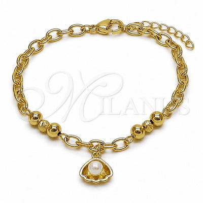 Oro Laminado Charm Bracelet, Gold Filled Style Shell and Ball Design, with Ivory Pearl, Polished, Golden for wholesale, main product view
