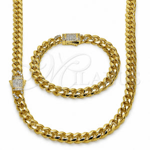 Oro Laminado Necklace and Bracelet, Gold Filled Style Miami Cuban Design, with White Cubic Zirconia, Polished, Golden Finish, 06.60.0007.20