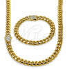Oro Laminado Necklace and Bracelet, Gold Filled Style Miami Cuban Design, with White Cubic Zirconia, Polished for wholesale, main product view