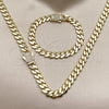 Oro Laminado Necklace and Bracelet, Gold Filled Style Miami Cuban Design, with White Cubic Zirconia, Polished, Golden Finish, 06.60.0008.20