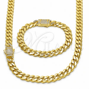 Oro Laminado Necklace and Bracelet, Gold Filled Style Miami Cuban Design, with White Cubic Zirconia, Polished, Golden Finish, 06.60.0008.20