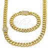 Oro Laminado Necklace and Bracelet, Gold Filled Style Miami Cuban Design, with White Cubic Zirconia, Polished, Golden Finish, 06.60.0008.20