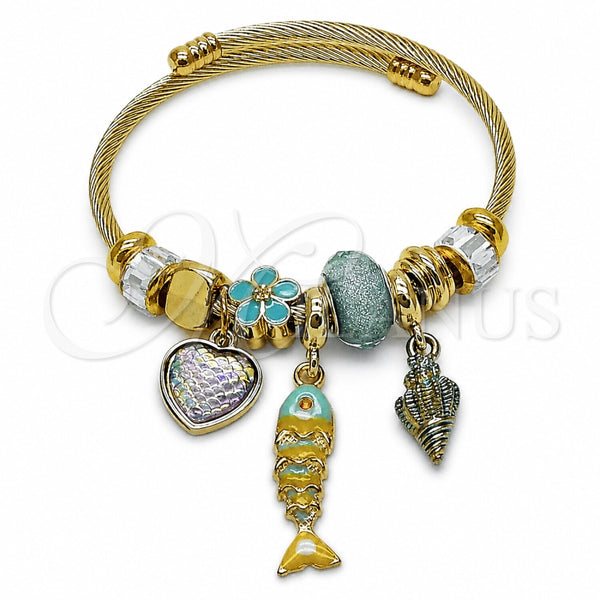 Stainless Steel Individual Bangle, Fish and Heart Design, with Crystal and Light Turquoise Crystal, Turquoise Enamel Finish, Golden Finish, 07.454.0045 (03 MM Thickness, One size fits all)