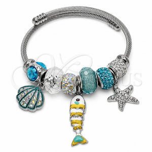Stainless Steel Individual Bangle, Fish and Shell Design, with Aurore Boreale and Light Turquoise Crystal, White Enamel Finish, Steel Finish, 07.454.0046 (03 MM Thickness, One size fits all)