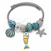 Stainless Steel Individual Bangle, Fish and Shell Design, with Aurore Boreale and Light Turquoise Crystal, White Enamel Finish, Steel Finish, 07.454.0046 (03 MM Thickness, One size fits all)