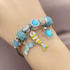 Stainless Steel Individual Bangle, Fish and Turtle Design, with Light Turquoise and Indicolite Crystal, White Enamel Finish, Steel Finish, 07.454.0047 (03 MM Thickness, One size fits all)