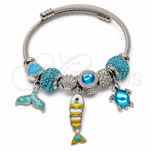 Stainless Steel Individual Bangle, Fish and Turtle Design, with Light Turquoise and Indicolite Crystal, White Enamel Finish, Steel Finish, 07.454.0047 (03 MM Thickness, One size fits all)