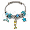 Stainless Steel Individual Bangle, Fish and Turtle Design, with Light Turquoise and Indicolite Crystal, White Enamel Finish, Steel Finish, 07.454.0047 (03 MM Thickness, One size fits all)