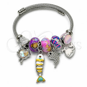 Stainless Steel Individual Bangle, Fish and Dolphin Design, with Crystal and Aurore Boreale Crystal, White Enamel Finish, Steel Finish, 07.454.0048 (03 MM Thickness, One size fits all)