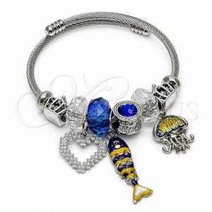Stainless Steel Individual Bangle, Fish and Heart Design, with Sapphire Blue Crystal and Ivory Pearl, Blue Enamel Finish, Steel Finish, 07.454.0049 (03 MM Thickness, One size fits all)