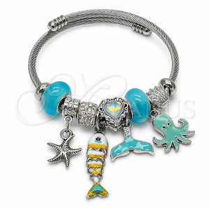 Stainless Steel Individual Bangle, Fish and Star Design, with Turquoise and Crystal Crystal, Turquoise Enamel Finish, Steel Finish, 07.454.0050 (03 MM Thickness, One size fits all)