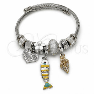 Stainless Steel Individual Bangle, Fish and Snail Design, with Crystal and Moonlight Crystal, White Enamel Finish, Steel Finish, 07.454.0051 (03 MM Thickness, One size fits all)