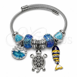 Stainless Steel Individual Bangle, Fish and Turtle Design, with Light Turquoise and Crystal Crystal, Blue Enamel Finish, Steel Finish, 07.454.0052 (03 MM Thickness, One size fits all)