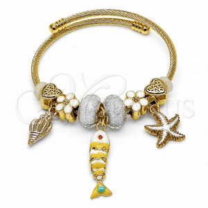 Stainless Steel Individual Bangle, Fish and Star Design, with Moonlight Crystal, White Enamel Finish, Golden Finish, 07.454.0053 (03 MM Thickness, One size fits all)