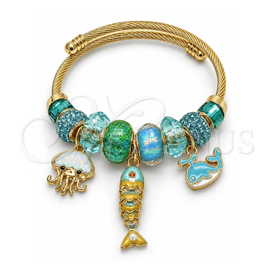 Stainless Steel Individual Bangle, Fish and Dolphin Design, with Light Turquoise and Indicolite Crystal, Turquoise Enamel Finish, Golden Finish, 07.454.0054 (03 MM Thickness, One size fits all)