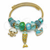 Stainless Steel Individual Bangle, Fish and Dolphin Design, with Light Turquoise and Indicolite Crystal, Turquoise Enamel Finish, Golden Finish, 07.454.0054 (03 MM Thickness, One size fits all)