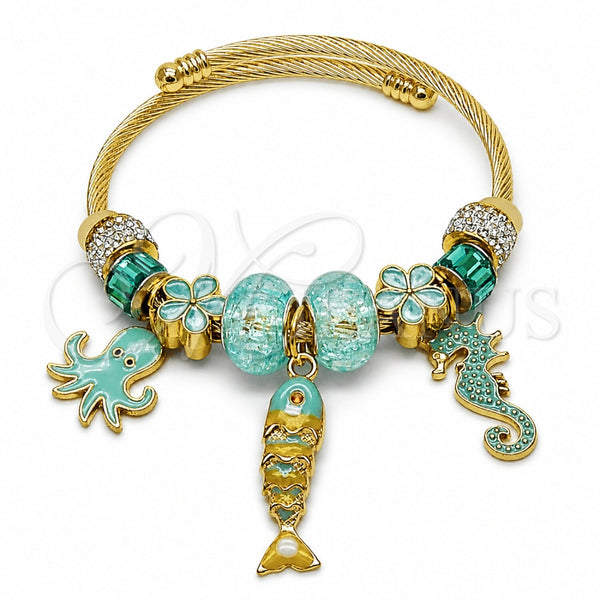 Stainless Steel Individual Bangle, Fish and Seahorse Design, with Crystal and Light Turquoise Crystal, Polished, Golden Finish, 07.454.0055 (03 MM Thickness, One size fits all)