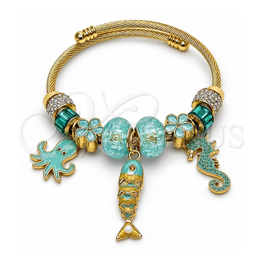 Stainless Steel Individual Bangle, Fish and Seahorse Design, with Crystal and Light Turquoise Crystal, Polished, Golden Finish, 07.454.0055 (03 MM Thickness, One size fits all)