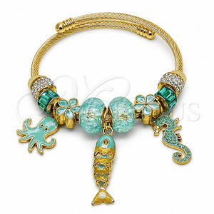 Stainless Steel Individual Bangle, Fish and Seahorse Design, with Crystal and Light Turquoise Crystal, Polished, Golden Finish, 07.454.0055 (03 MM Thickness, One size fits all)