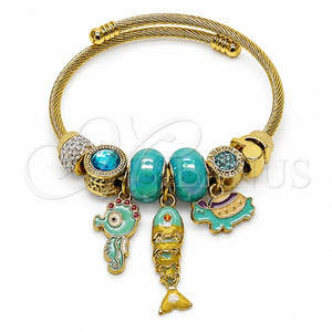 Stainless Steel Individual Bangle, Fish and Seahorse Design, with Indicolite and Turquoise Crystal, Turquoise Enamel Finish, Golden Finish, 07.454.0056 (03 MM Thickness, One size fits all)