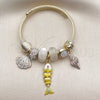 Stainless Steel Individual Bangle, Fish and Shell Design, with Crystal and Aurore Boreale Crystal, White Enamel Finish, Golden Finish, 07.454.0057 (03 MM Thickness, One size fits all)