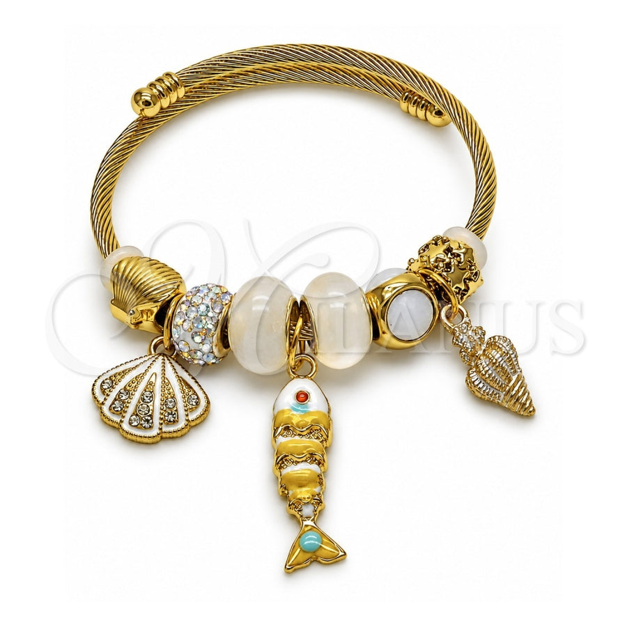 Stainless Steel Individual Bangle, Fish and Shell Design, with Crystal and Aurore Boreale Crystal, White Enamel Finish, Golden Finish, 07.454.0057 (03 MM Thickness, One size fits all)