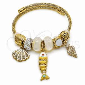Stainless Steel Individual Bangle, Fish and Shell Design, with Crystal and Aurore Boreale Crystal, White Enamel Finish, Golden Finish, 07.454.0057 (03 MM Thickness, One size fits all)