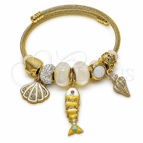 Stainless Steel Individual Bangle, Fish and Shell Design, with Crystal and Aurore Boreale Crystal, White Enamel Finish, Golden Finish, 07.454.0057 (03 MM Thickness, One size fits all)
