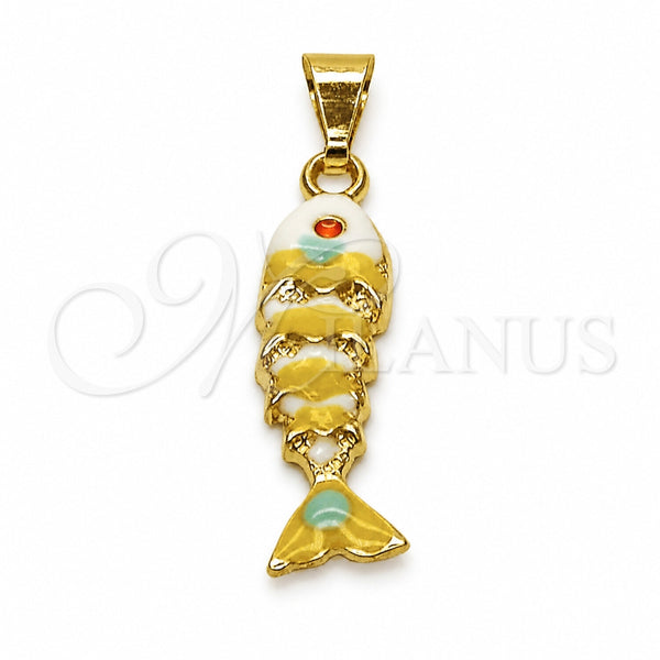 Oro Laminado Fancy Pendant, Gold Filled Style Fish Design, White Enamel Finish, Golden Finish, 05.454.0001