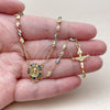 Oro Laminado Thin Rosary, Gold Filled Style Guadalupe and Crucifix Design, with Multicolor Cubic Zirconia, Diamond Cutting Finish, Tricolor, 09.469.0001.24