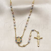 Oro Laminado Thin Rosary, Gold Filled Style Guadalupe and Crucifix Design, with Multicolor Cubic Zirconia, Diamond Cutting Finish, Tricolor, 09.469.0001.24