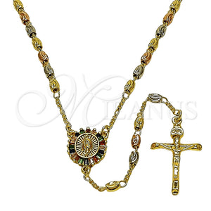 Oro Laminado Thin Rosary, Gold Filled Style Guadalupe and Crucifix Design, with Multicolor Cubic Zirconia, Diamond Cutting Finish, Tricolor, 09.469.0001.24