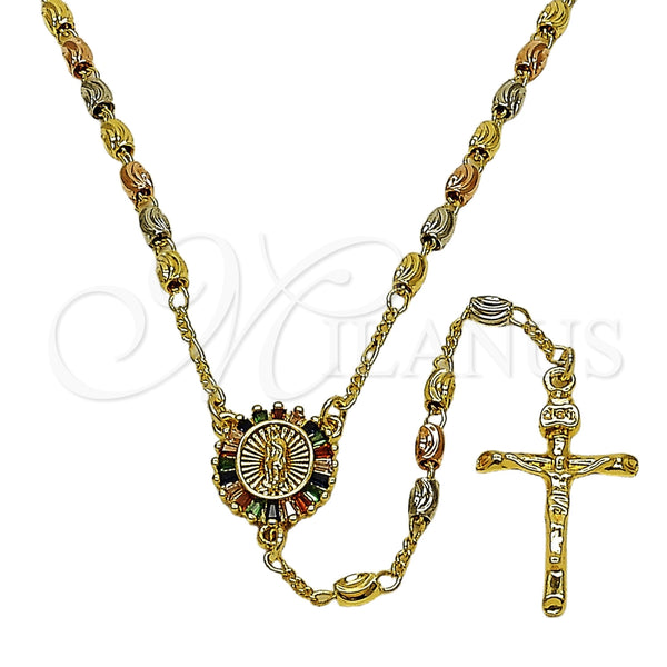 Oro Laminado Thin Rosary, Gold Filled Style Guadalupe and Crucifix Design, with Multicolor Cubic Zirconia, Diamond Cutting Finish, Tricolor, 09.469.0001.24