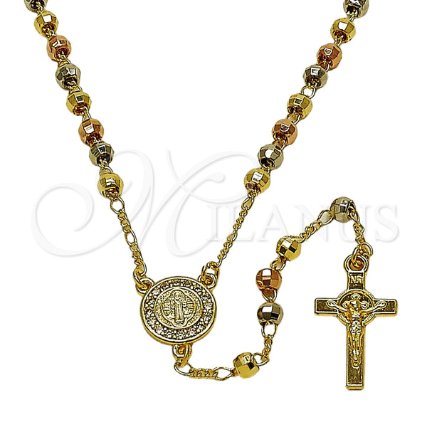 Oro Laminado Thin Rosary, Gold Filled Style San Benito and Disco Design, with White Micro Pave, Diamond Cutting Finish, Tricolor, 09.469.0002.22