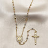 Oro Laminado Thin Rosary, Gold Filled Style San Benito and Crucifix Design, with White Cubic Zirconia, Diamond Cutting Finish, Tricolor, 09.469.0003.24