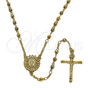 Oro Laminado Thin Rosary, Gold Filled Style San Benito and Crucifix Design, with White Cubic Zirconia, Diamond Cutting Finish, Tricolor, 09.469.0003.24