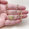 Oro Laminado Thin Rosary, Gold Filled Style San Judas and Crucifix Design, with Multicolor Micro Pave, Diamond Cutting Finish, Tricolor, 09.469.0004.24